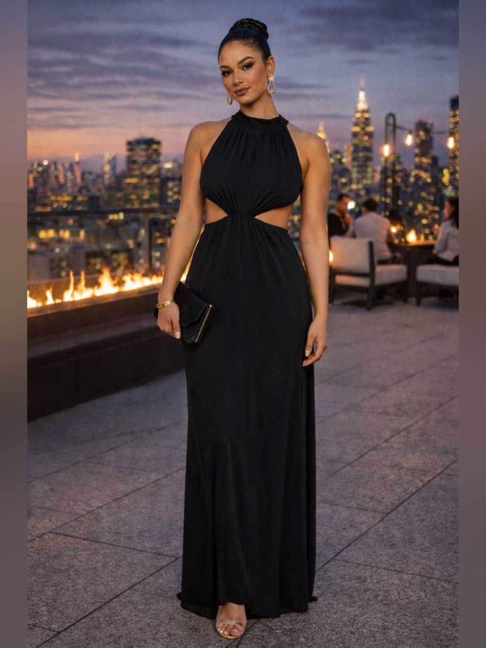 Fashion Nova Black Halter Maxi Dress with Side Cutouts